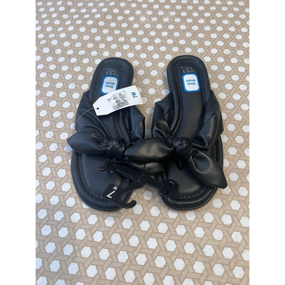 Black Sandal Flat Slides Faux Leather‎ Bow Thong Memory Foam Cushion Size 7W - Picture 2 of 6